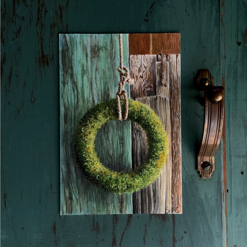 Small Art Painting Moss Wreath Rustic Barn Door Rope Gouache 4” x 6” Turquoise